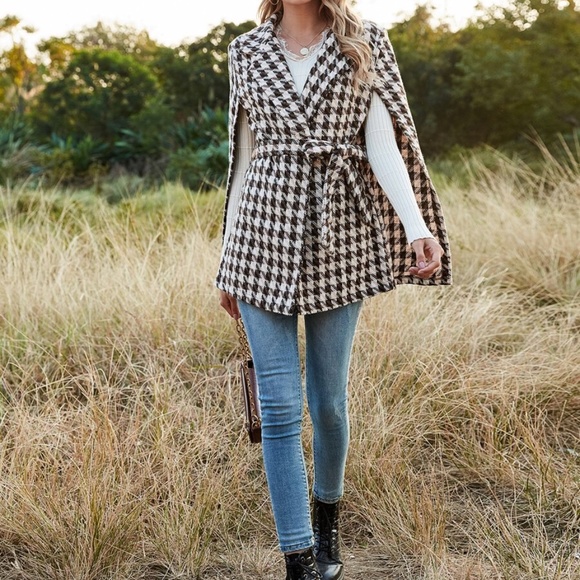 Houndstooth Pattern Belted Tweed glam Cape  Coat - Picture 9 of 15